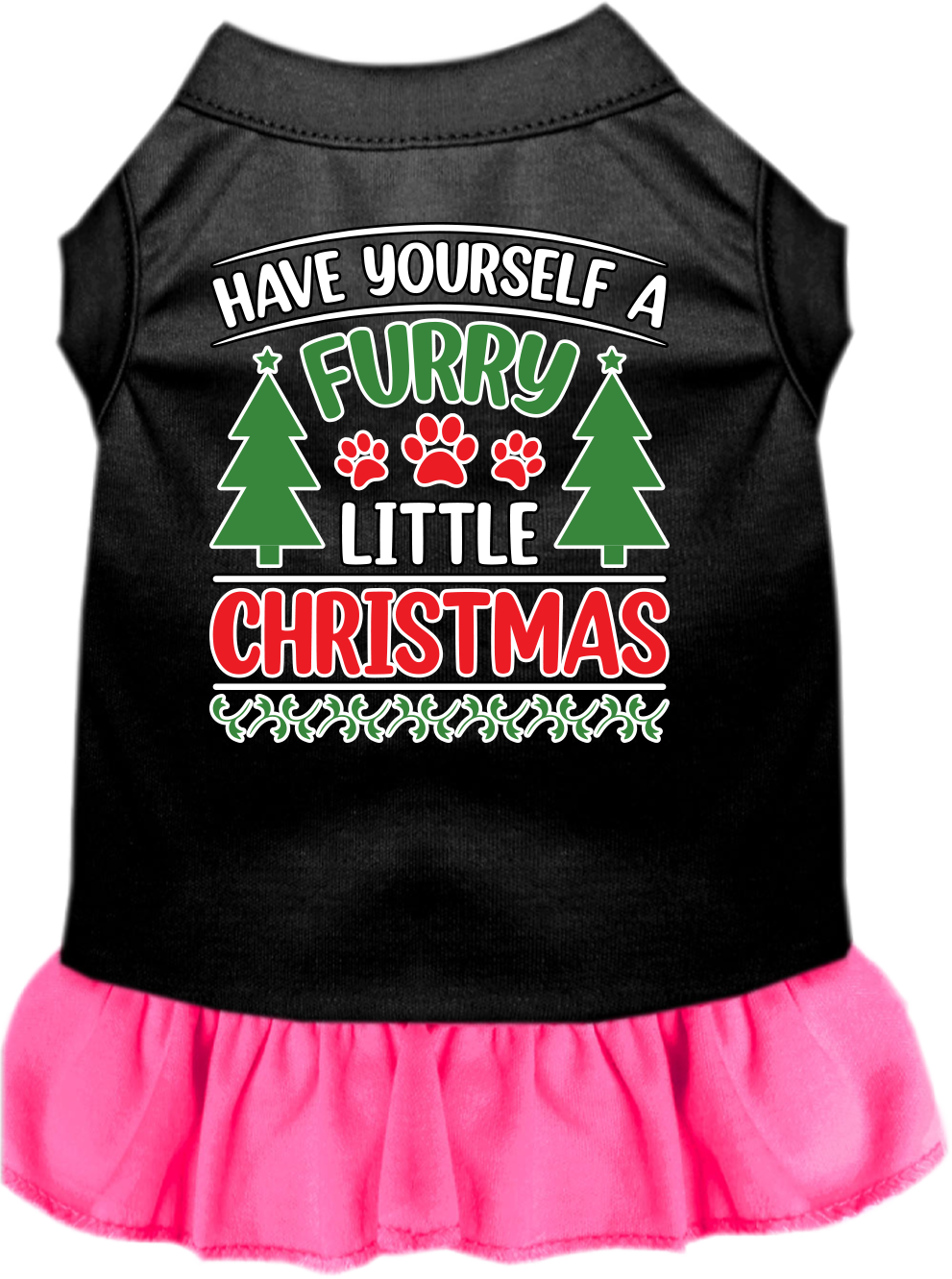 Furry Little Christmas Screen Print Dog Dress Black with Bright Pink Size MD